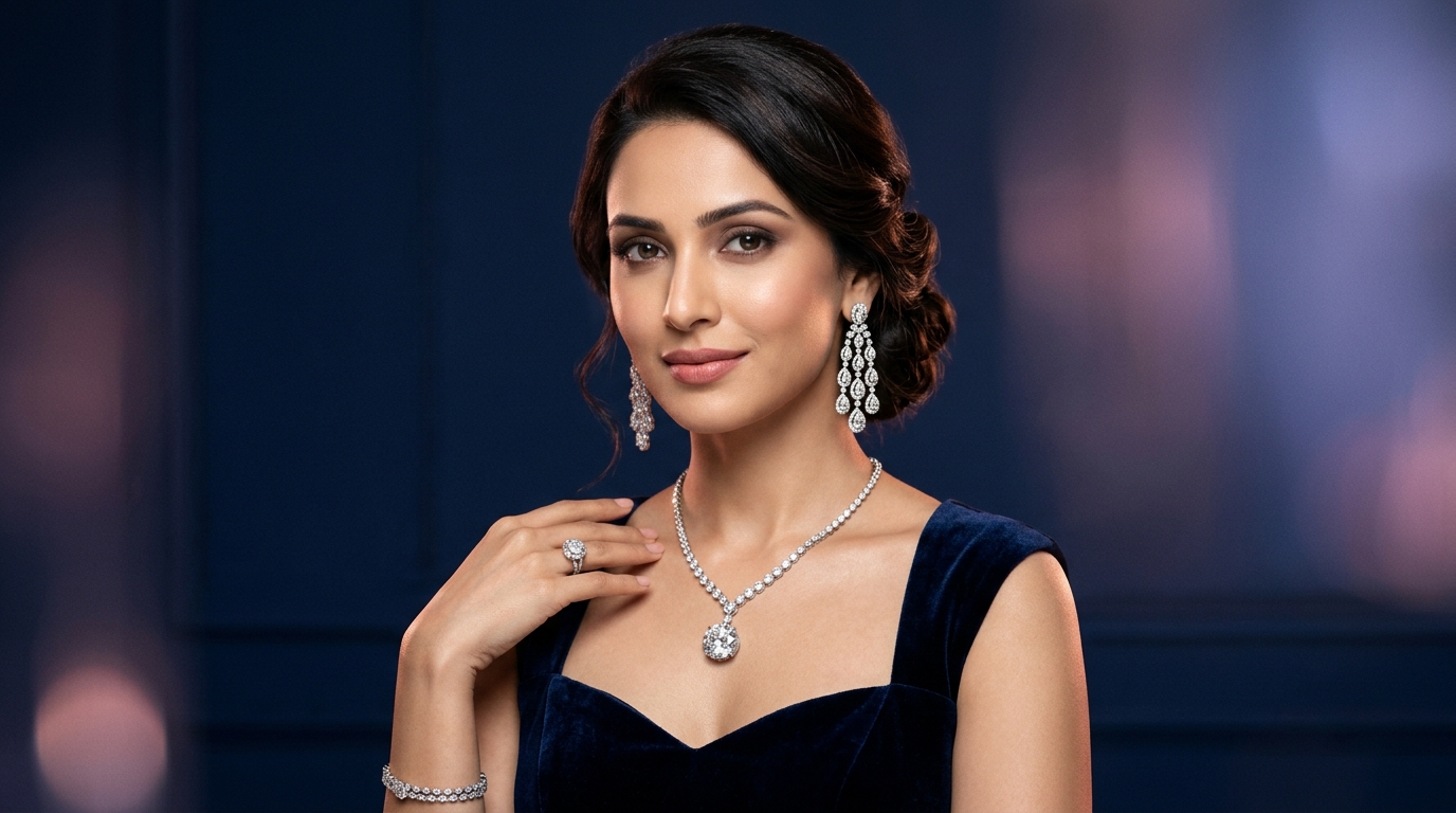 Lit Jewels Model wearing diamond earrings and diamond necklace